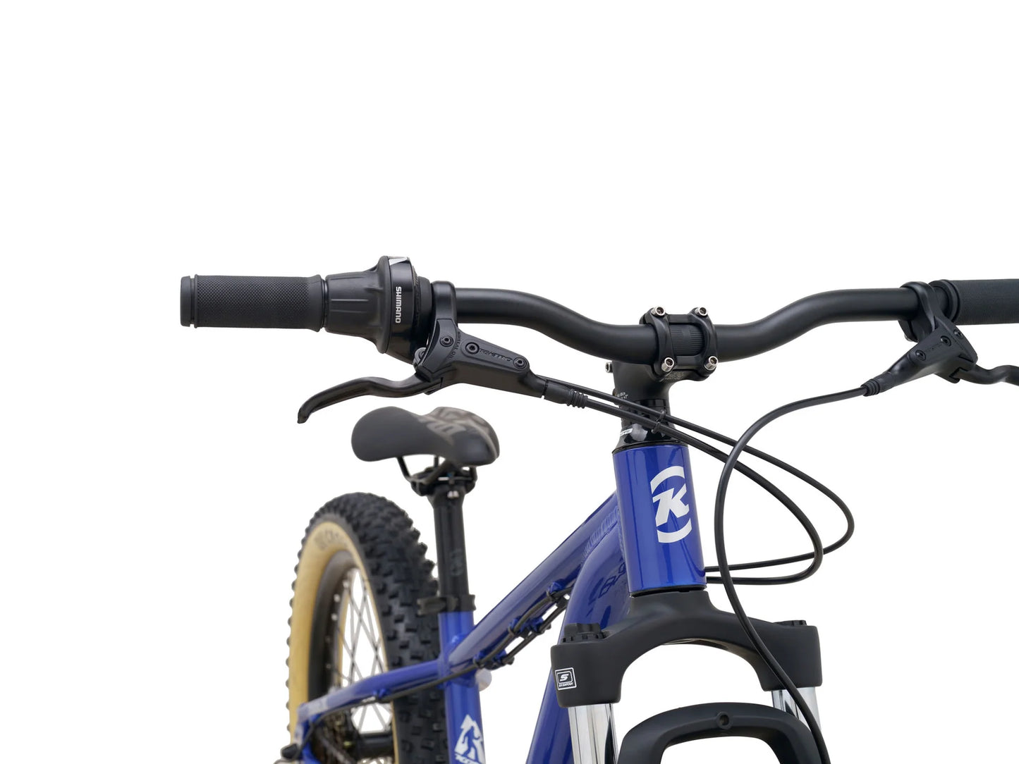 Close-up of a bicycle handlebar with a blue frame and visible brand logo on a white background.