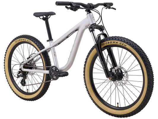 Silver Kid's mountain bike with black components on a white background