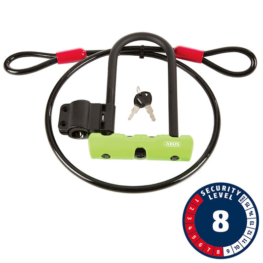 Abus, Ultra Mini + Cobra Loop, U-Lock, Key, 12mm, 15.0cm x 18.0cm, 5.9'' x 7.1'', SH34, Green; Cable, 10mm, 120cm, 4'