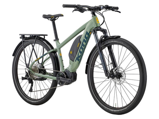 Green electric bicycle with Kona branding on a white background